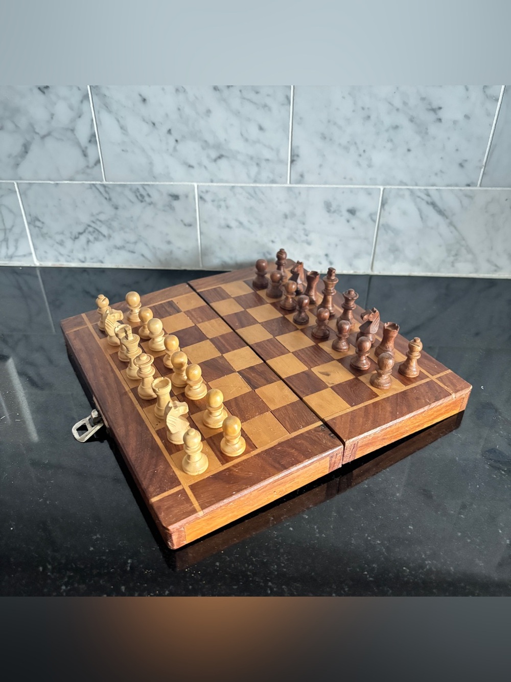 Vintage Miniature Wood Folding Chess Set - Complete with 32 Pieces
